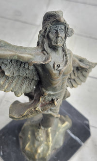 Native American Eagle Dancer Shaman Bronze Sculpture Marble Base