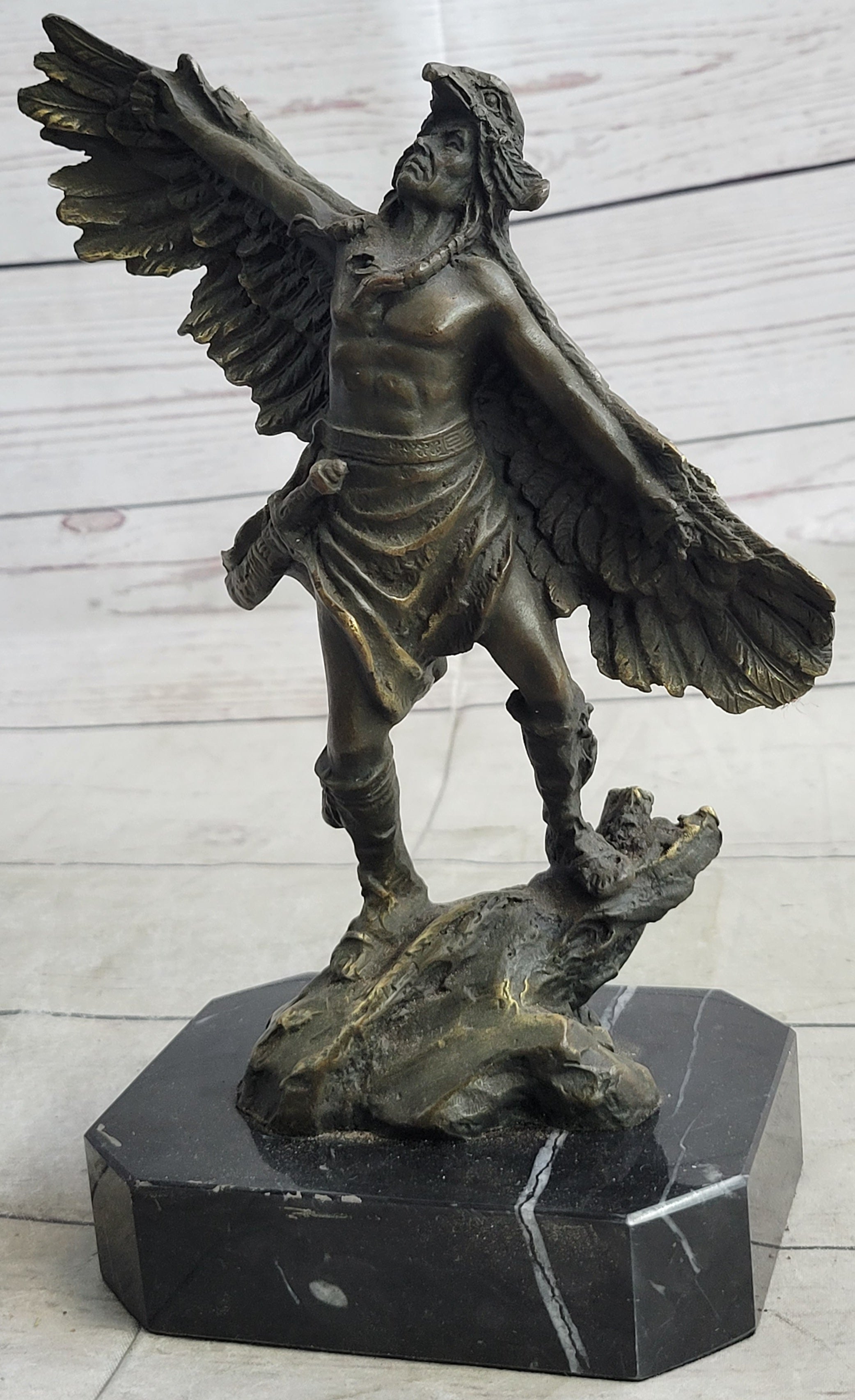 Native American Eagle Dancer Shaman Bronze Sculpture Marble Base