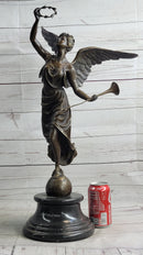 Bronze Sculpture of Winged Female Angel with Wreath & Trumpet