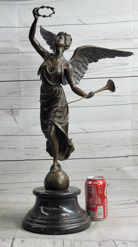 Bronze Sculpture of Winged Female Angel with Wreath & Trumpet