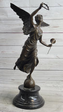 Bronze Sculpture of Winged Female Angel with Wreath & Trumpet