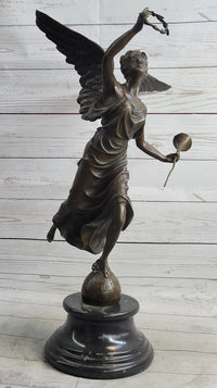 Bronze Sculpture of Winged Female Angel with Wreath & Trumpet