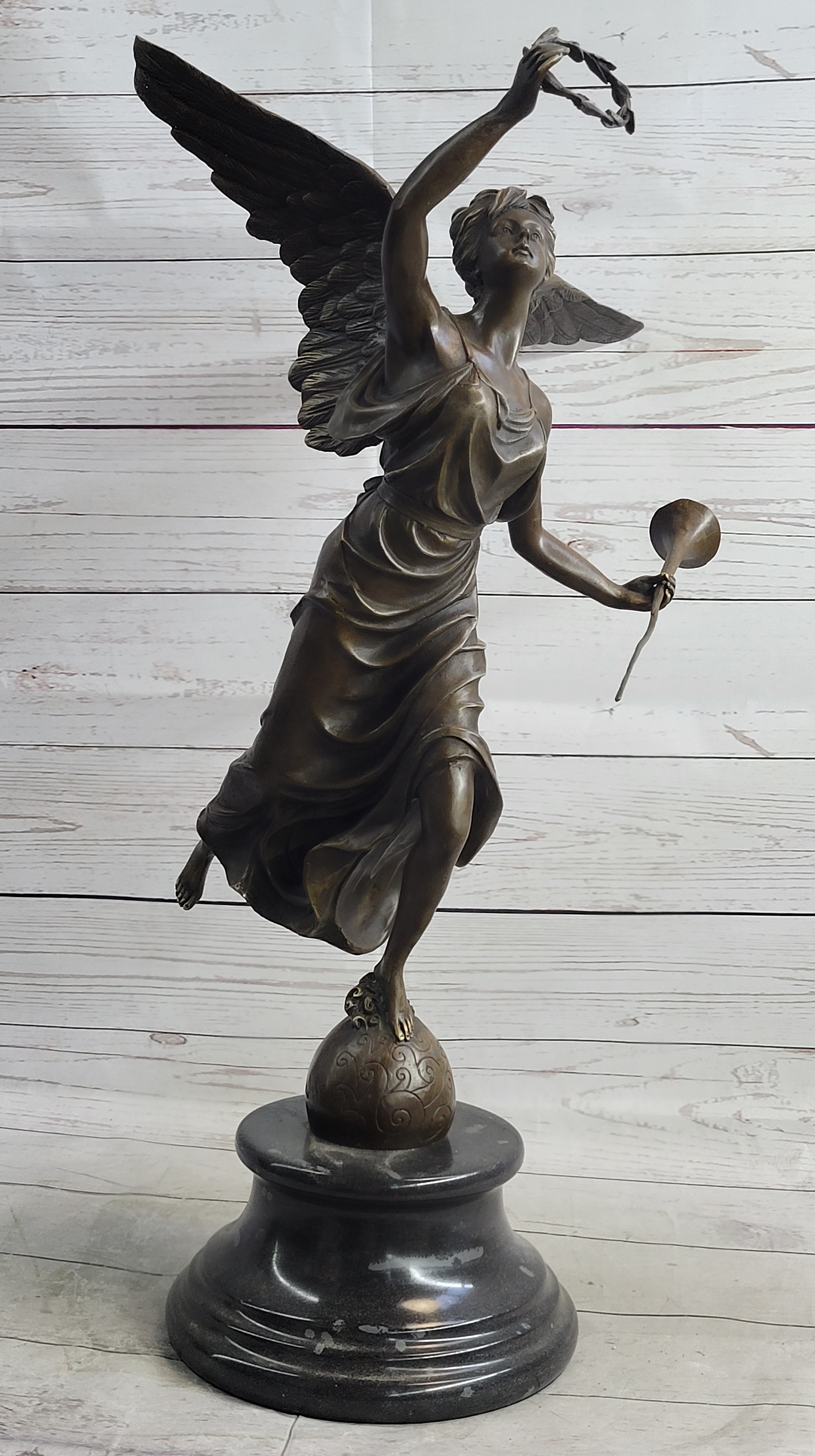 Bronze Sculpture of Winged Female Angel with Wreath & Trumpet
