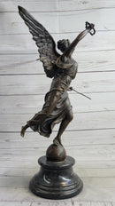 Bronze Sculpture of Winged Female Angel with Wreath & Trumpet