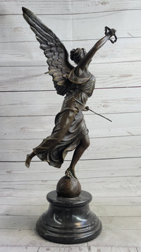 Bronze Sculpture of Winged Female Angel with Wreath & Trumpet