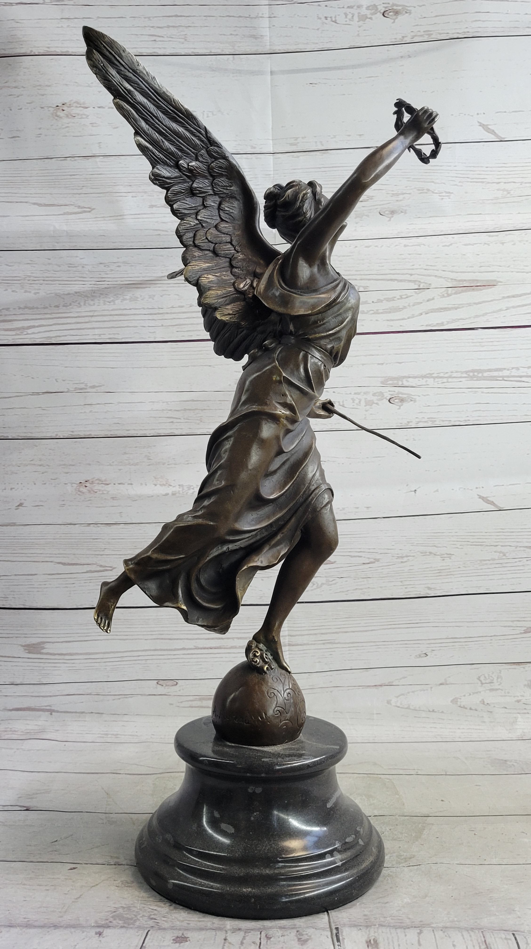 Bronze Sculpture of Winged Female Angel with Wreath & Trumpet