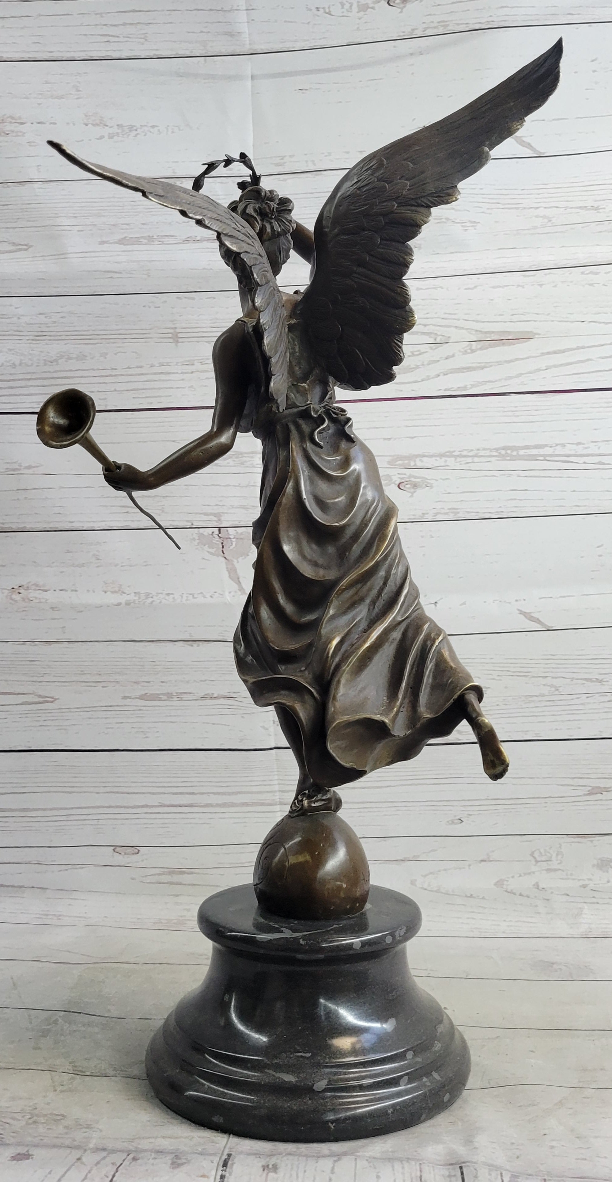 Bronze Sculpture of Winged Female Angel with Wreath & Trumpet