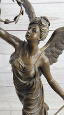 Bronze Sculpture of Winged Female Angel with Wreath & Trumpet
