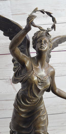 Bronze Sculpture of Winged Female Angel with Wreath & Trumpet