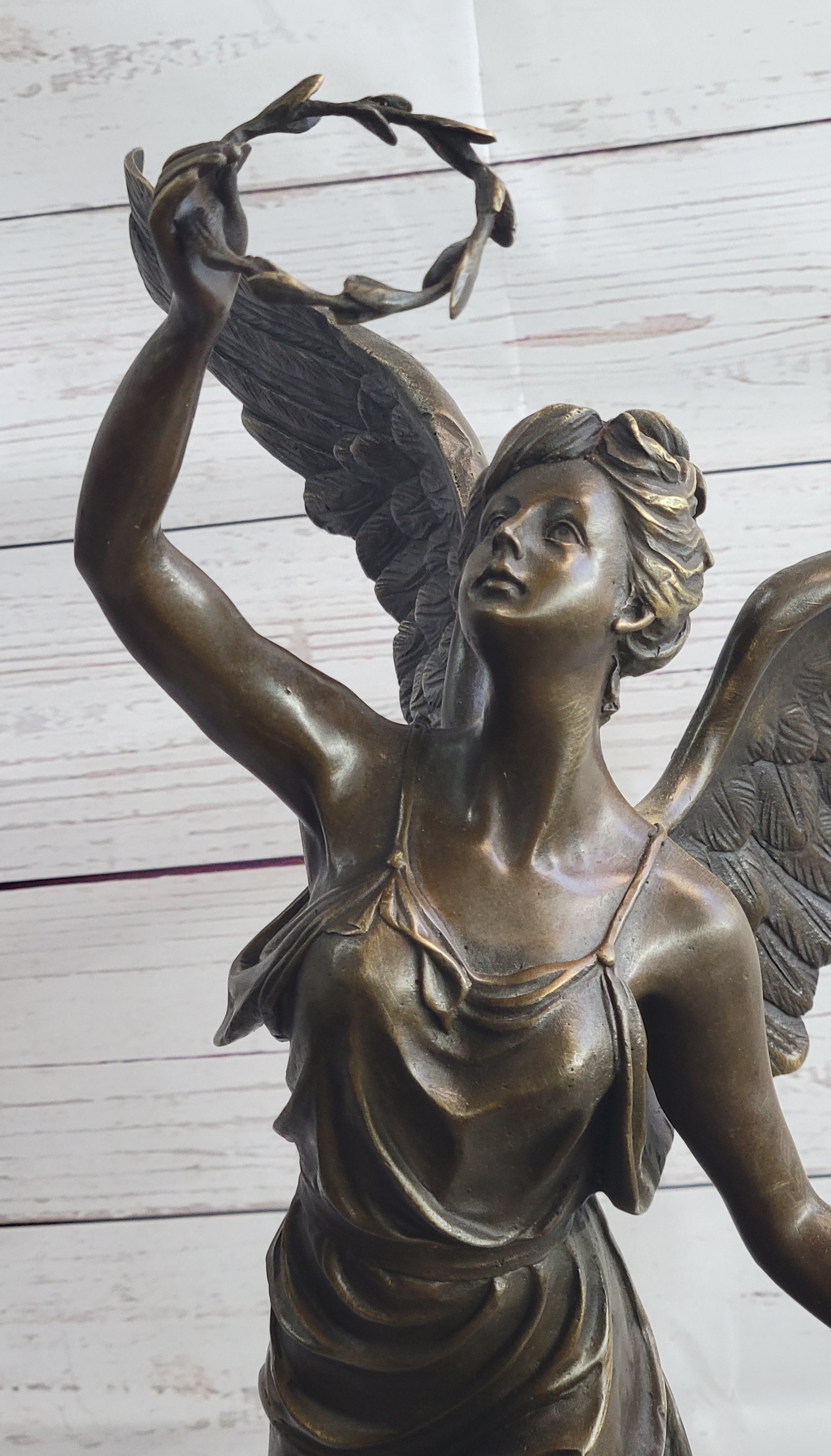 Bronze Sculpture of Winged Female Angel with Wreath & Trumpet