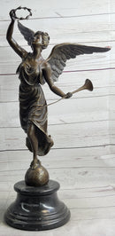 Bronze Sculpture of Winged Female Angel with Wreath & Trumpet