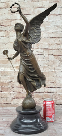 Angel Winged Female Figure Holding Wreath & Trumpet Horn Bronze Sculpture Statue by Moreau