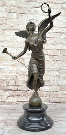 Angel Winged Female Figure Holding Wreath & Trumpet Horn Bronze Sculpture Statue by Moreau