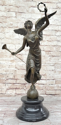 Angel Winged Female Figure Holding Wreath & Trumpet Horn Bronze Sculpture Statue by Moreau