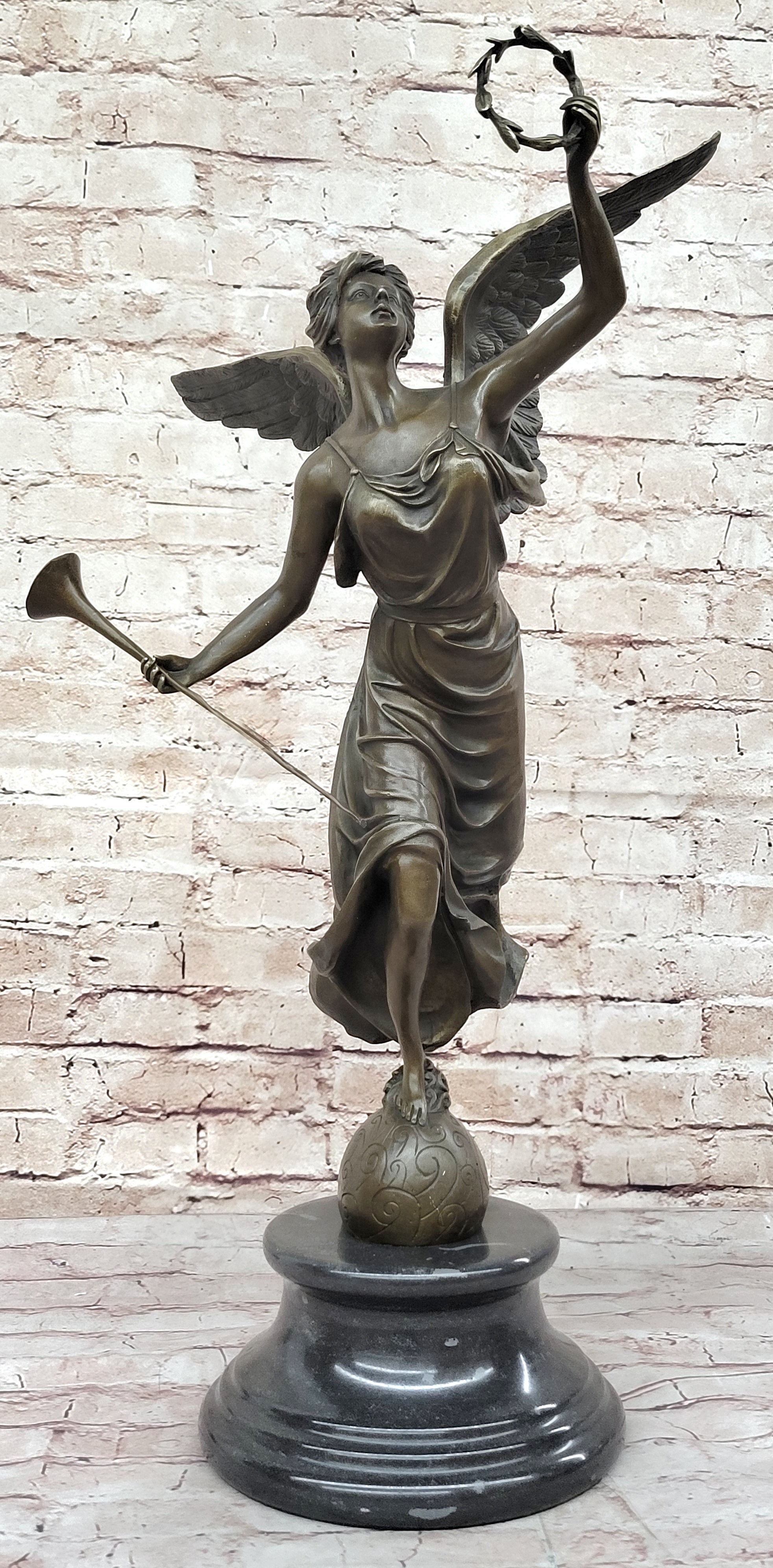 Angel Winged Female Figure Holding Wreath & Trumpet Horn Bronze Sculpture Statue by Moreau