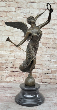 Angel Winged Female Figure Holding Wreath & Trumpet Horn Bronze Sculpture Statue by Moreau