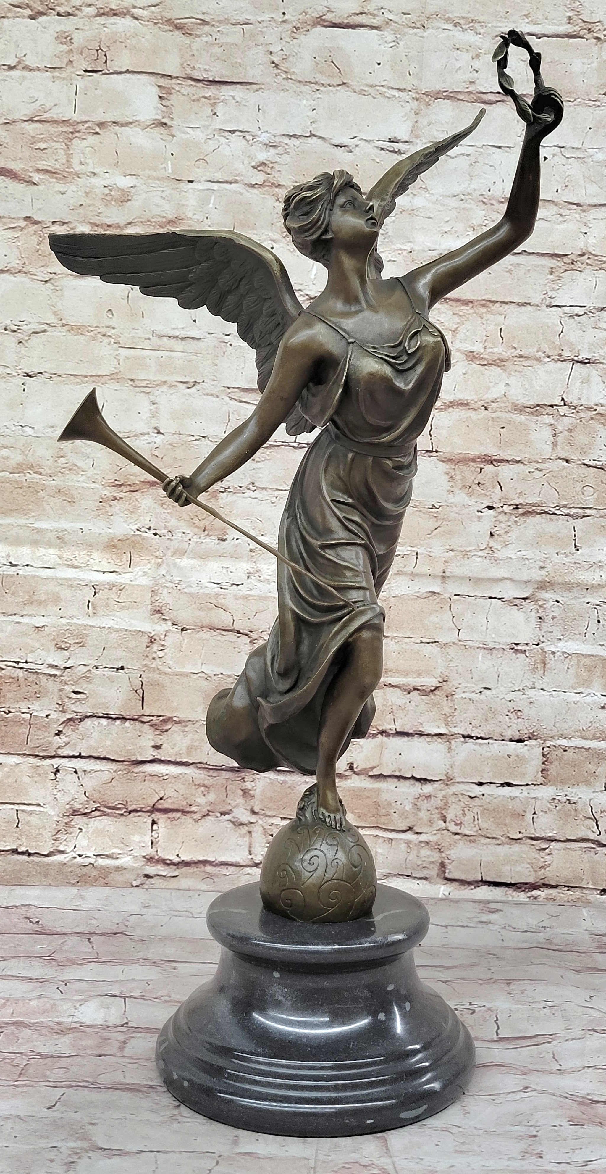 Angel Winged Female Figure Holding Wreath & Trumpet Horn Bronze Sculpture Statue by Moreau