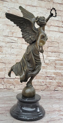 Angel Winged Female Figure Holding Wreath & Trumpet Horn Bronze Sculpture Statue by Moreau