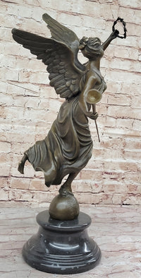 Angel Winged Female Figure Holding Wreath & Trumpet Horn Bronze Sculpture Statue by Moreau