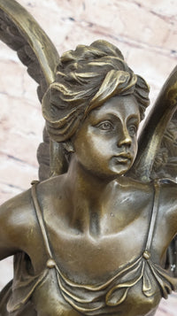 Angel Winged Female Figure Holding Wreath & Trumpet Horn Bronze Sculpture Statue by Moreau