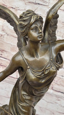 Angel Winged Female Figure Holding Wreath & Trumpet Horn Bronze Sculpture Statue by Moreau