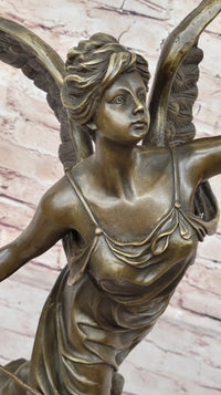 Angel Winged Female Figure Holding Wreath & Trumpet Horn Bronze Sculpture Statue by Moreau