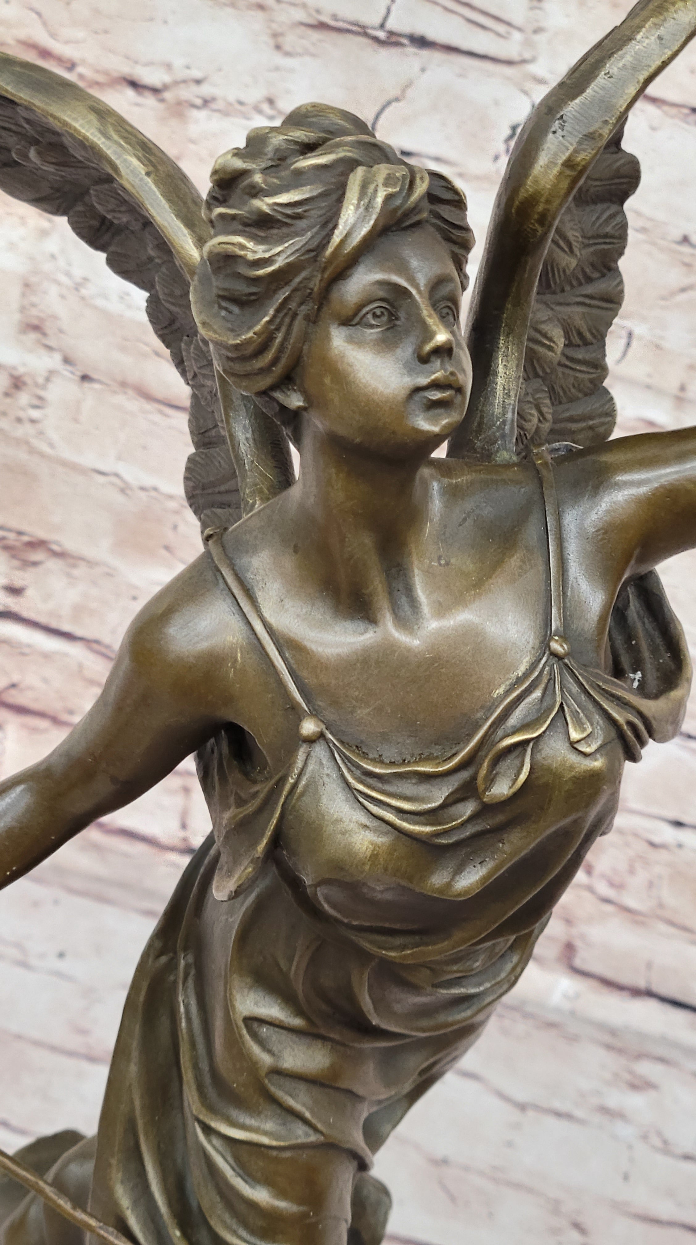 Angel Winged Female Figure Holding Wreath & Trumpet Horn Bronze Sculpture Statue by Moreau