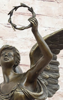 Angel Winged Female Figure Holding Wreath & Trumpet Horn Bronze Sculpture Statue by Moreau