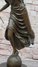 Angel Winged Female Figure Holding Wreath & Trumpet Horn Bronze Sculpture Statue by Moreau