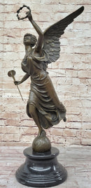 Angel Winged Female Figure Holding Wreath & Trumpet Horn Bronze Sculpture Statue by Moreau