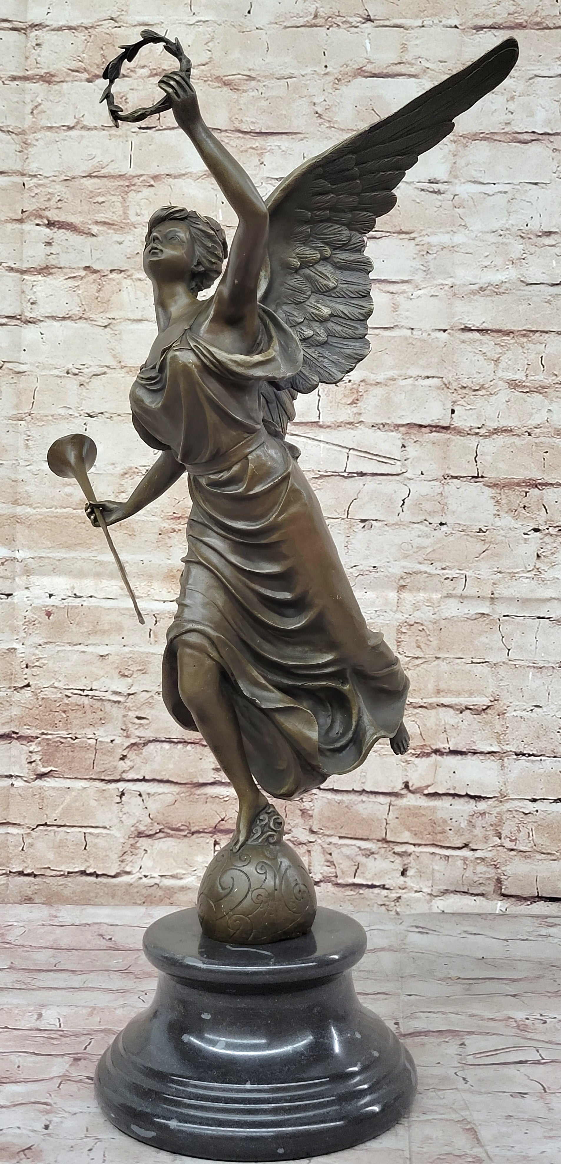 Angel Winged Female Figure Holding Wreath & Trumpet Horn Bronze Sculpture Statue by Moreau