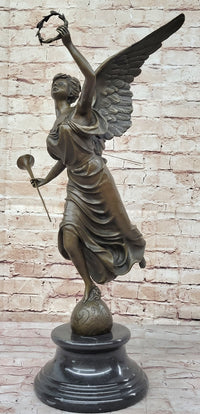 Angel Winged Female Figure Holding Wreath & Trumpet Horn Bronze Sculpture Statue by Moreau