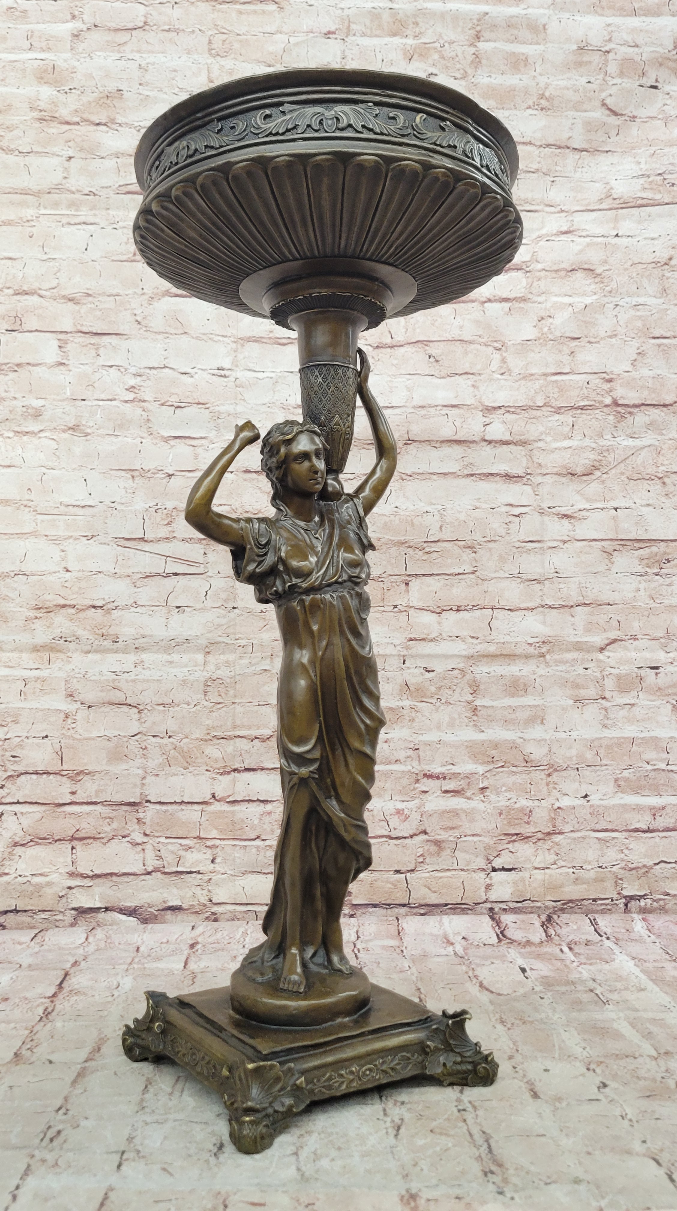 Genuine Bronze Classical Style Pedestal Figural Urn Planter