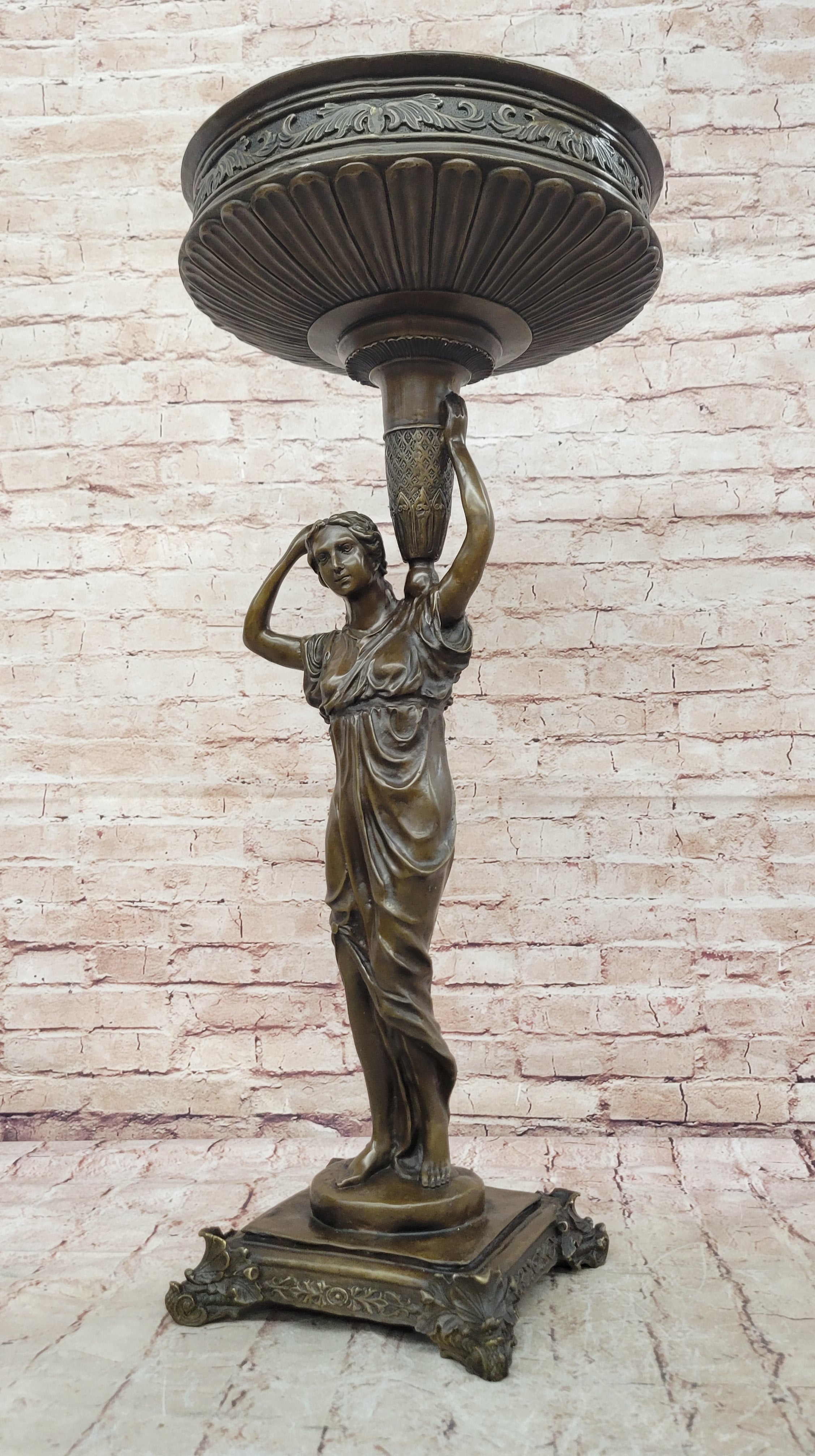 Genuine Bronze Classical Style Pedestal Figural Urn Planter