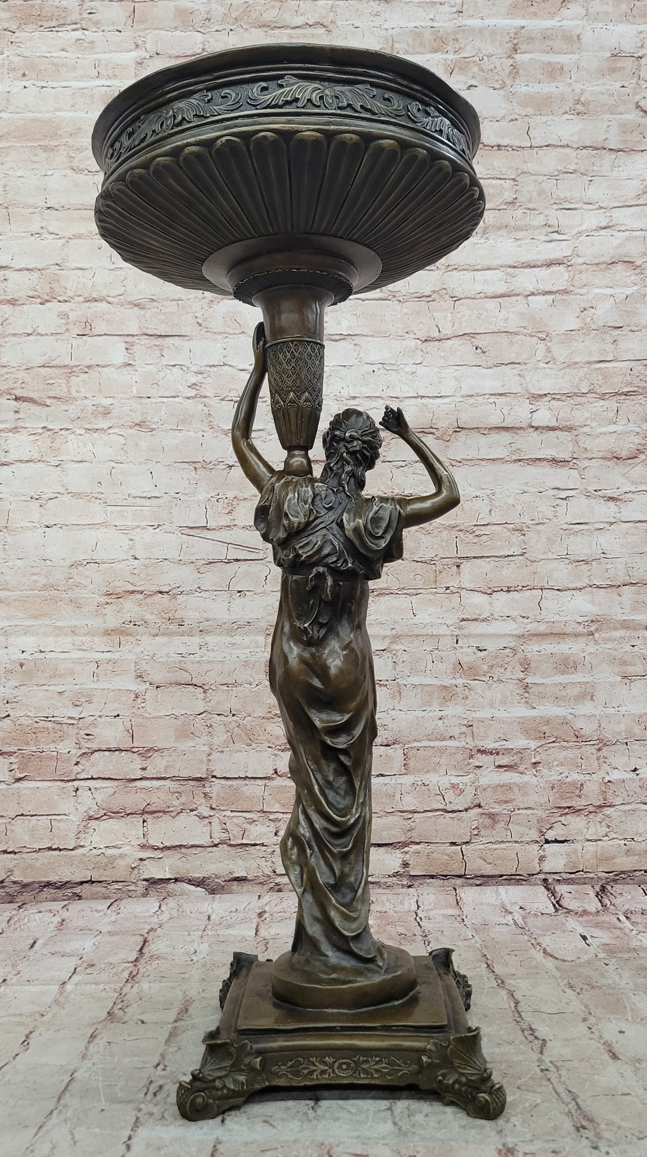 Genuine Bronze Classical Style Pedestal Figural Urn Planter