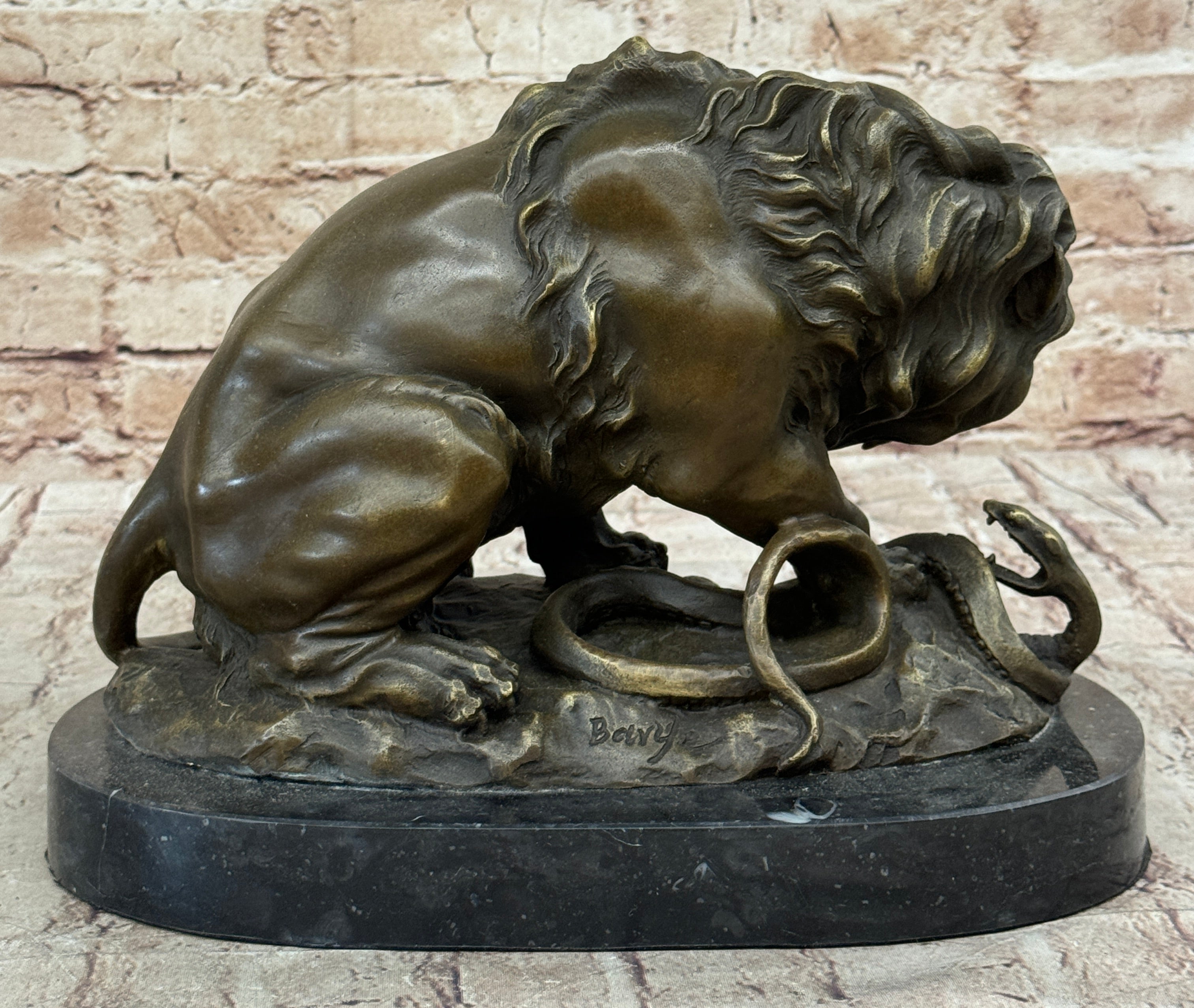 Lion vs. Snake Bronze Sculpture A. Barye on Marble Base