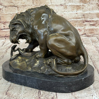 Lion vs. Snake Bronze Sculpture A. Barye on Marble Base