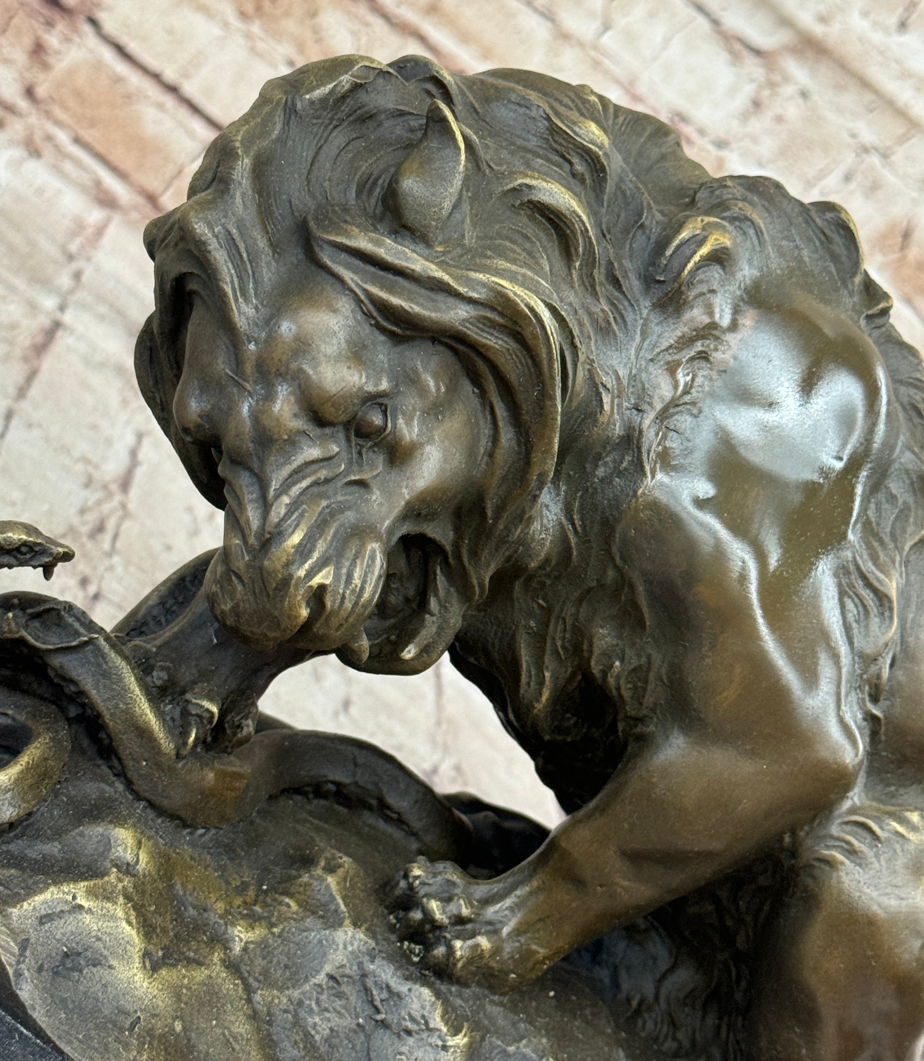 Lion vs. Snake Bronze Sculpture A. Barye on Marble Base