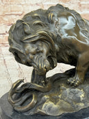 Lion vs. Snake Bronze Sculpture A. Barye on Marble Base