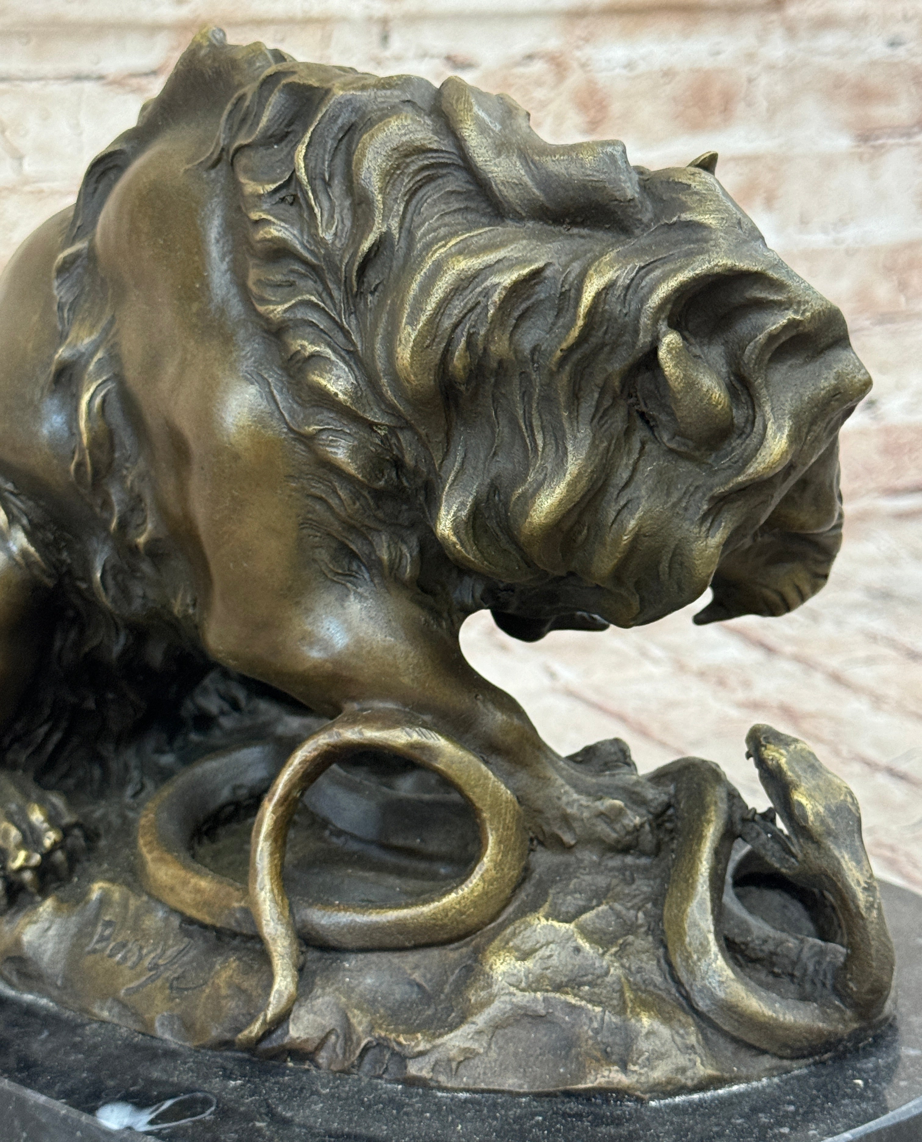 Lion vs. Snake Bronze Sculpture A. Barye on Marble Base