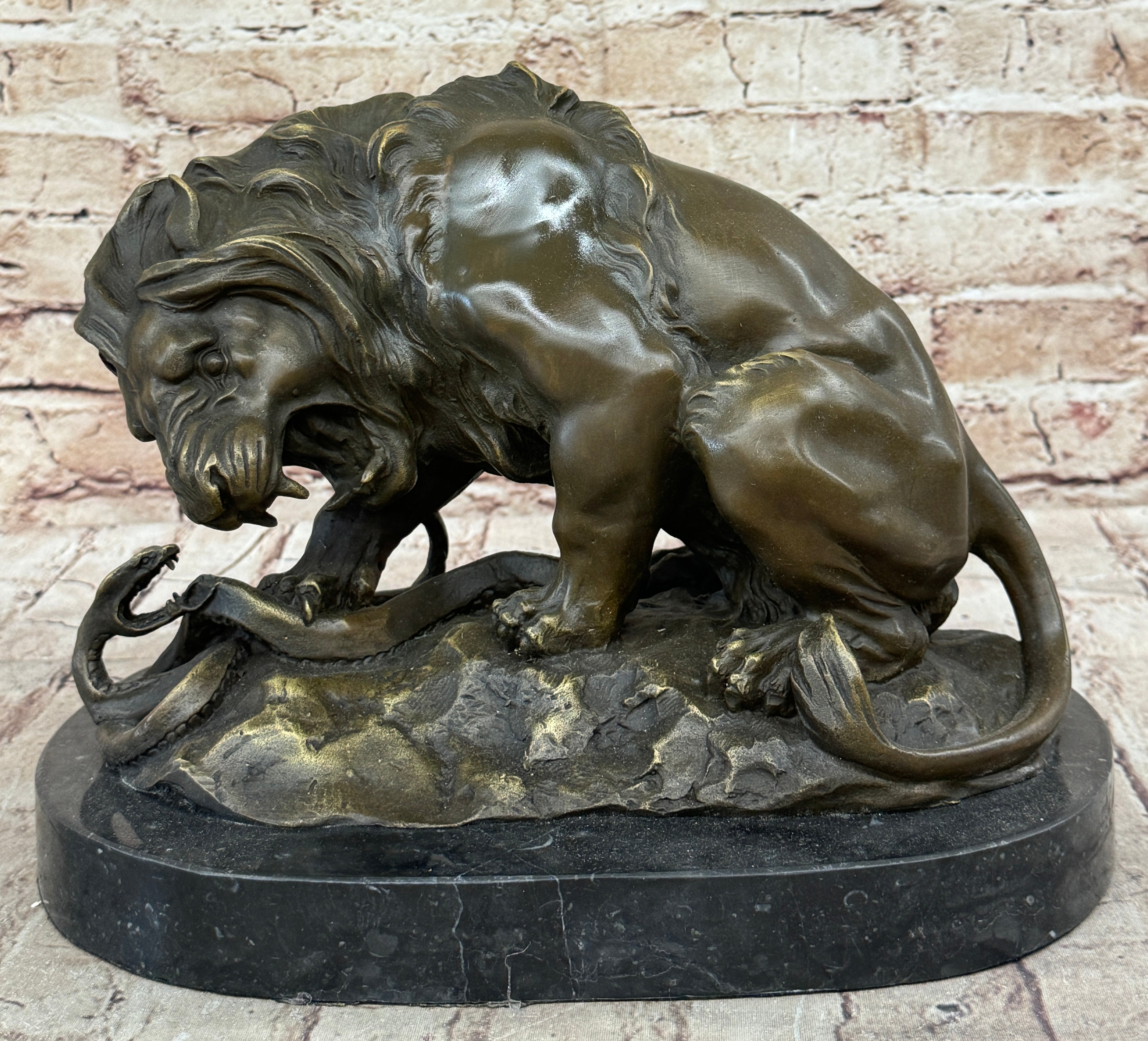 Lion vs. Snake Bronze Sculpture A. Barye on Marble Base