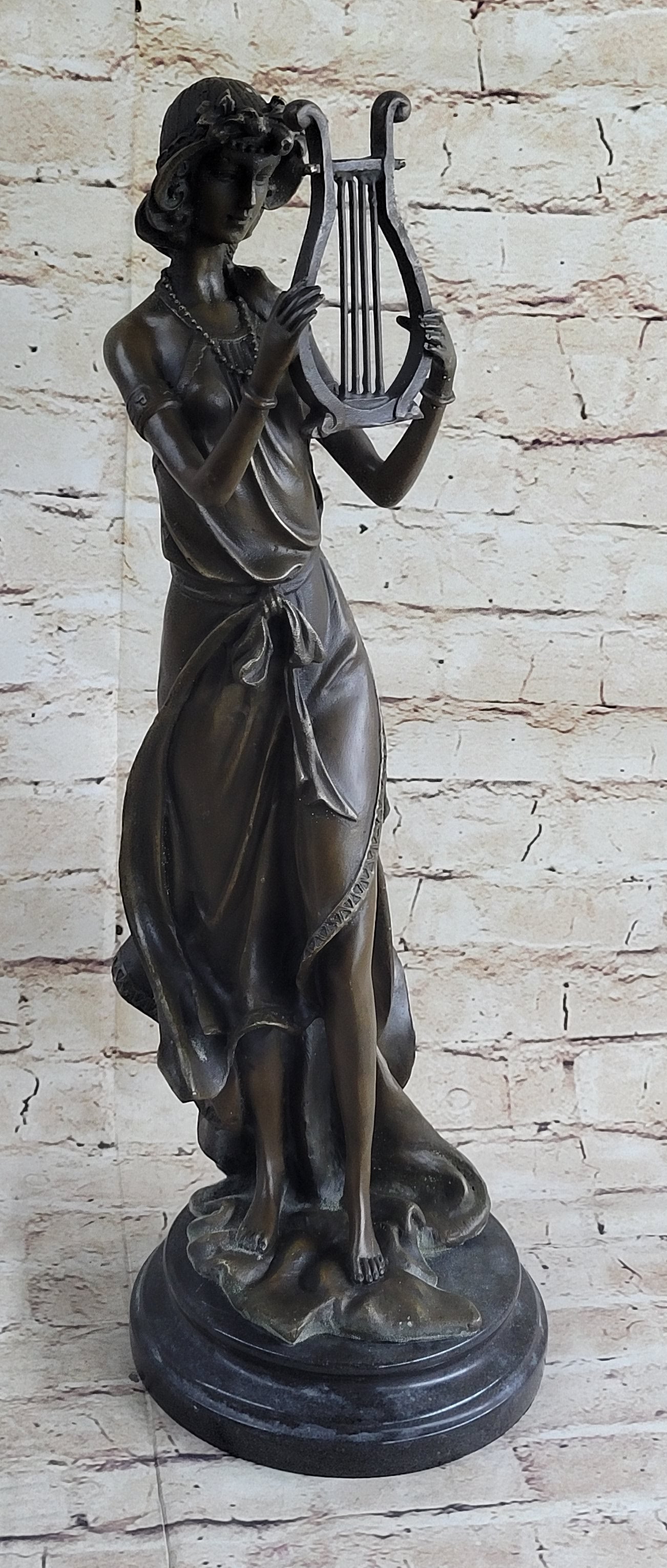 Bronze Sculpture Sexy woman W/ Harp Art Deco Figure