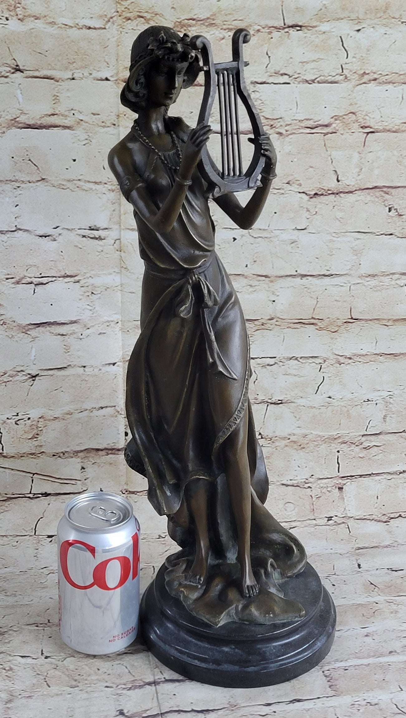 Bronze Sculpture Sexy woman W/ Harp Art Deco Figure