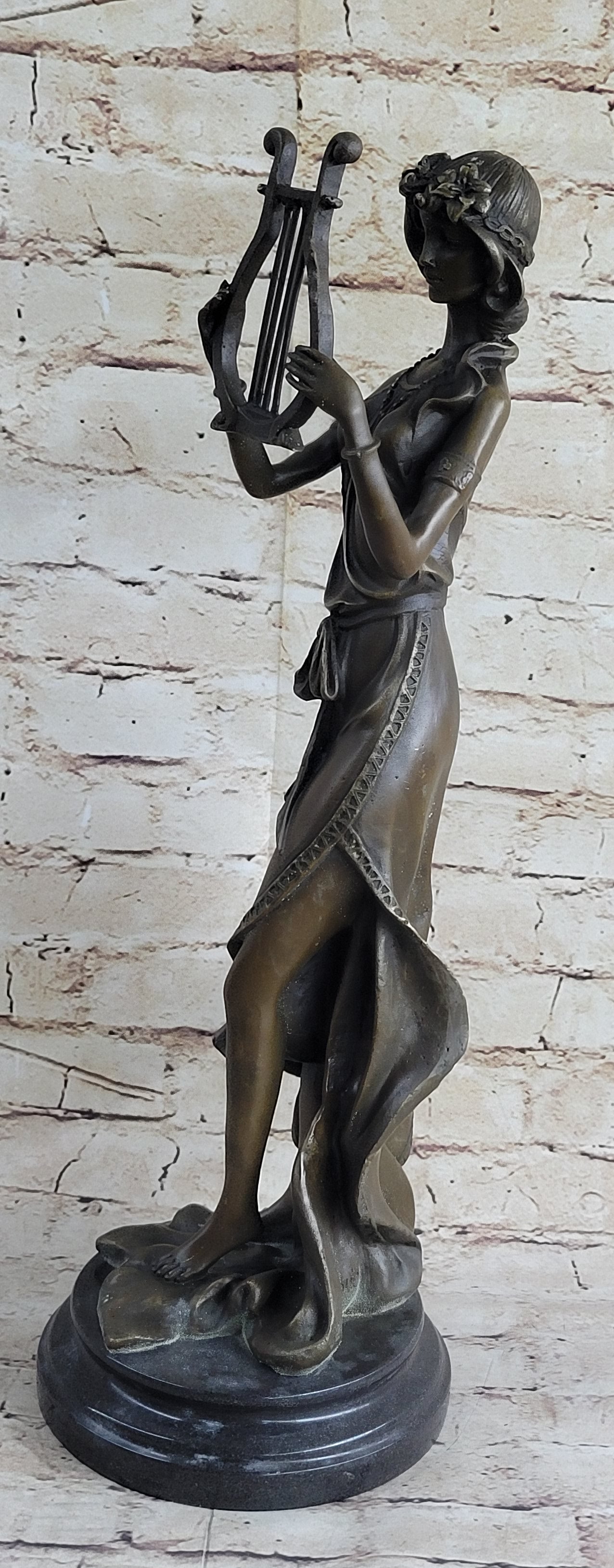 Bronze Sculpture Sexy woman W/ Harp Art Deco Figure