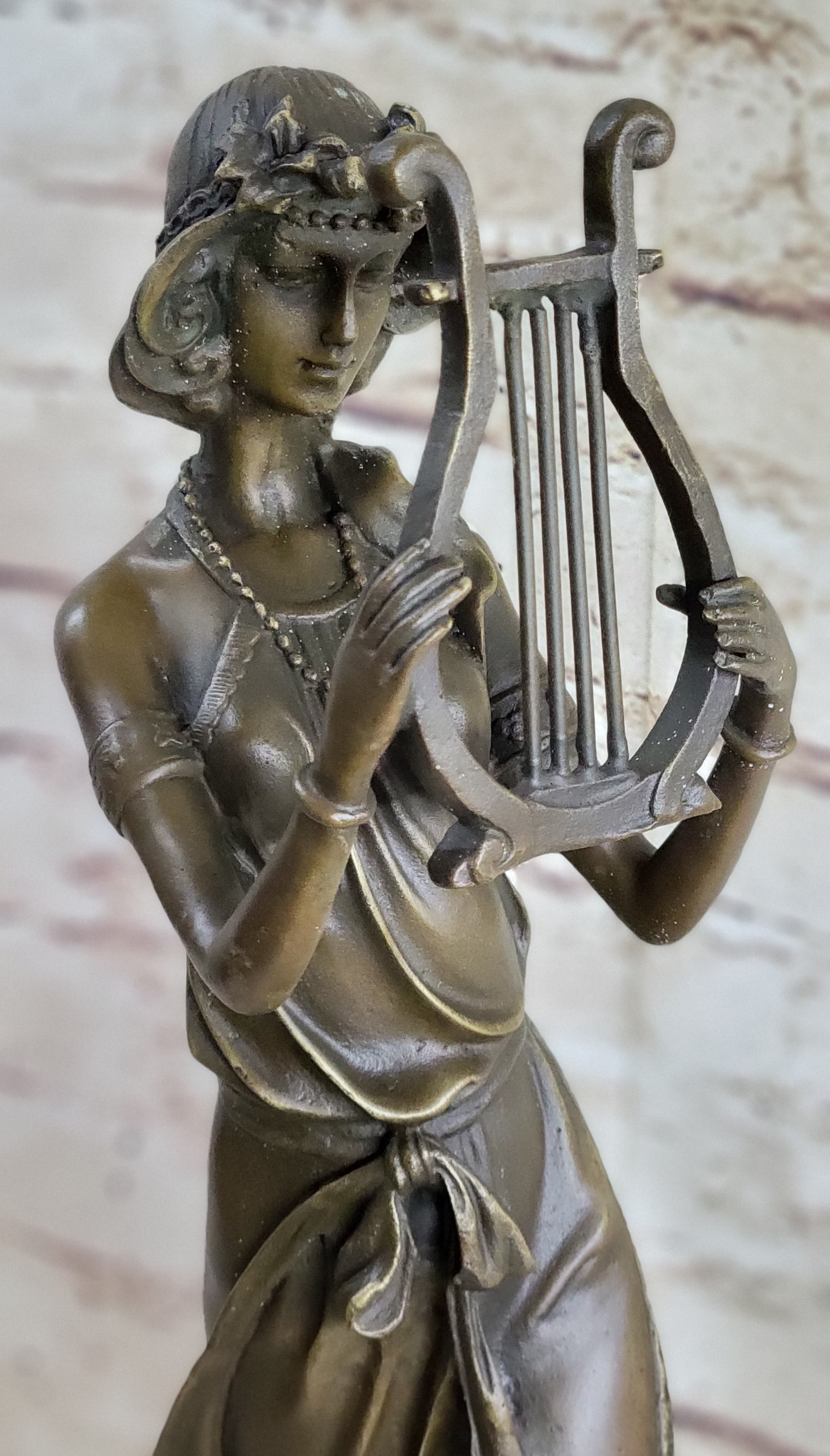 Bronze Sculpture Sexy woman W/ Harp Art Deco Figure