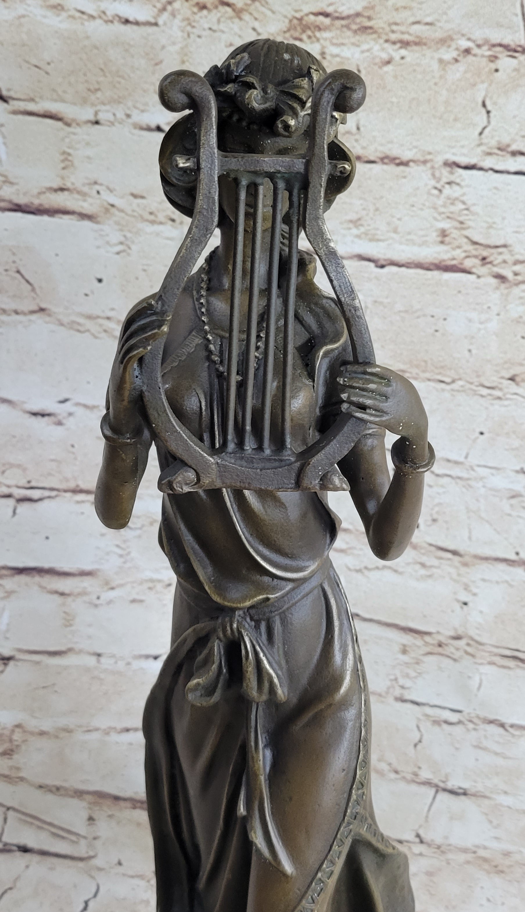 Bronze Sculpture Sexy woman W/ Harp Art Deco Figure