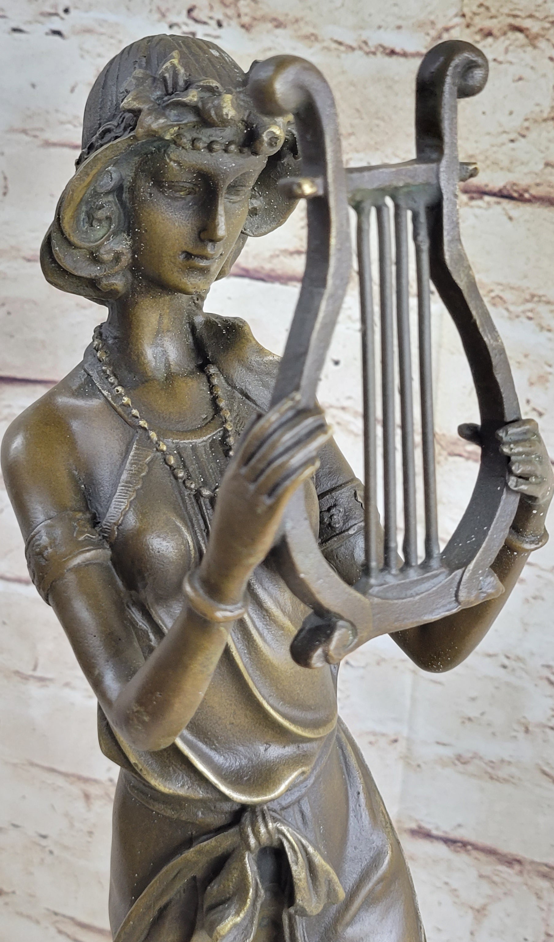 Bronze Sculpture Sexy woman W/ Harp Art Deco Figure