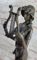 Bronze Sculpture Sexy woman W/ Harp Art Deco Figure