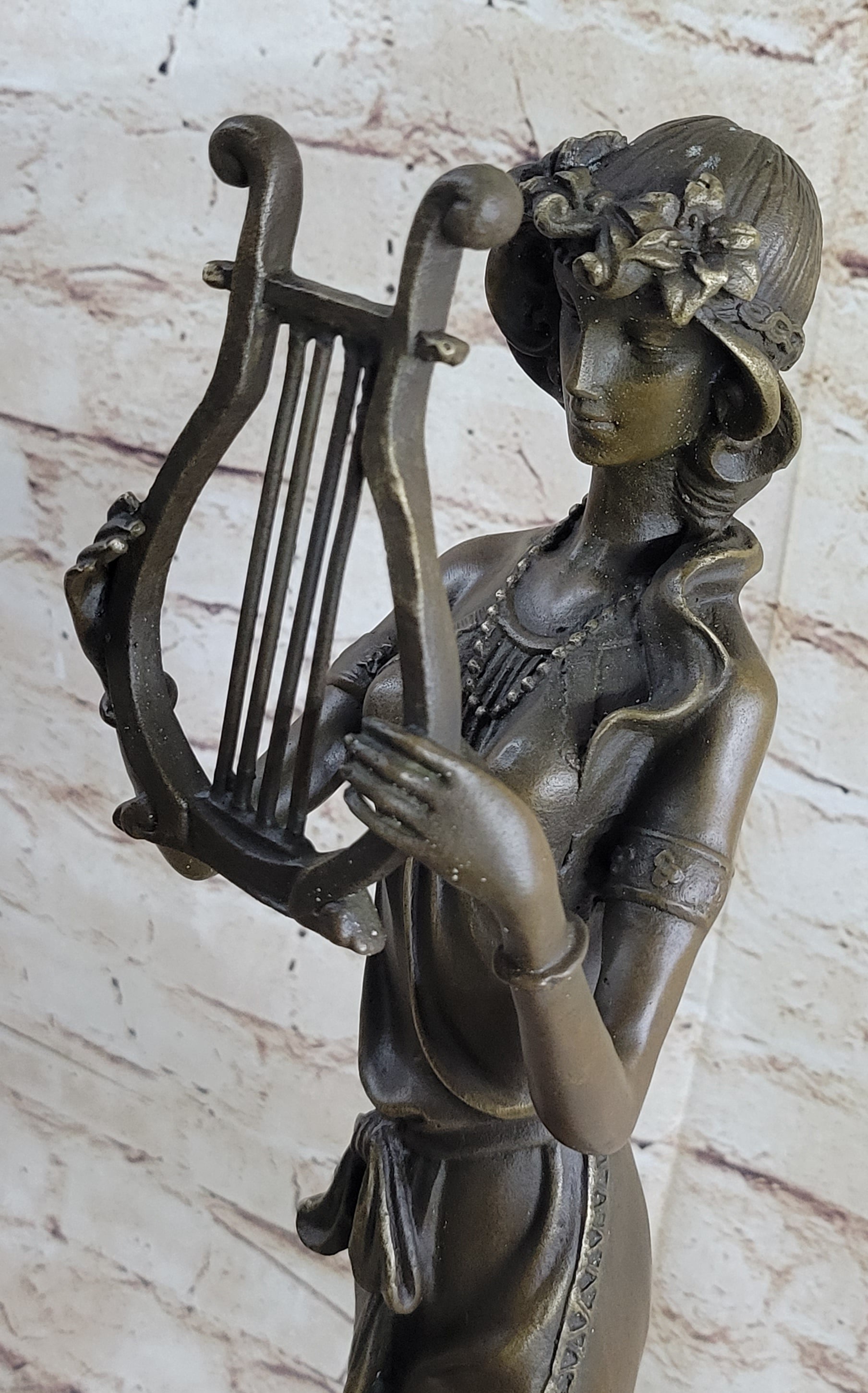 Bronze Sculpture Sexy woman W/ Harp Art Deco Figure