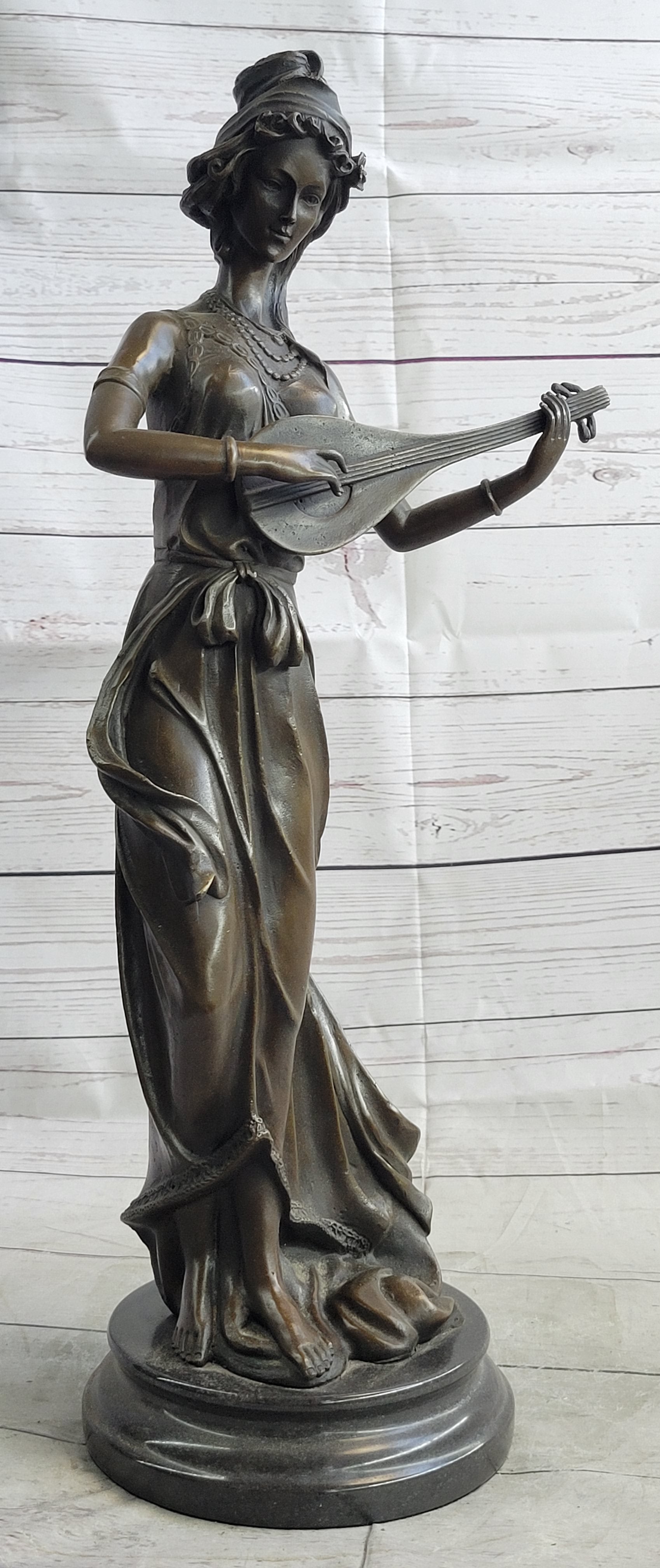 Jean Patoue Female Playing Banjo Bronze Sculpture
